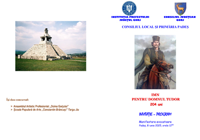 Manifestarea evocatoare “Imn pentru Domnul Tudor”, va avea loc duminică 8 iunie 2025, începând cu ora 12.00, în faţa Monumentului Proclamaţiei de la Padeş. Paloş Oana-Maria Purtător de cuvânt Consiliul...