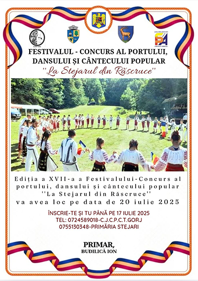 Festivalul-Concurs „La Stejarul din Răscruce” este un eveniment cultural dedicat promovării şi conservării tradiţiilor populare româneşti, în special al portului popular, al dansului şi al cântecului tradiţional. Evenimentul îşi propune...